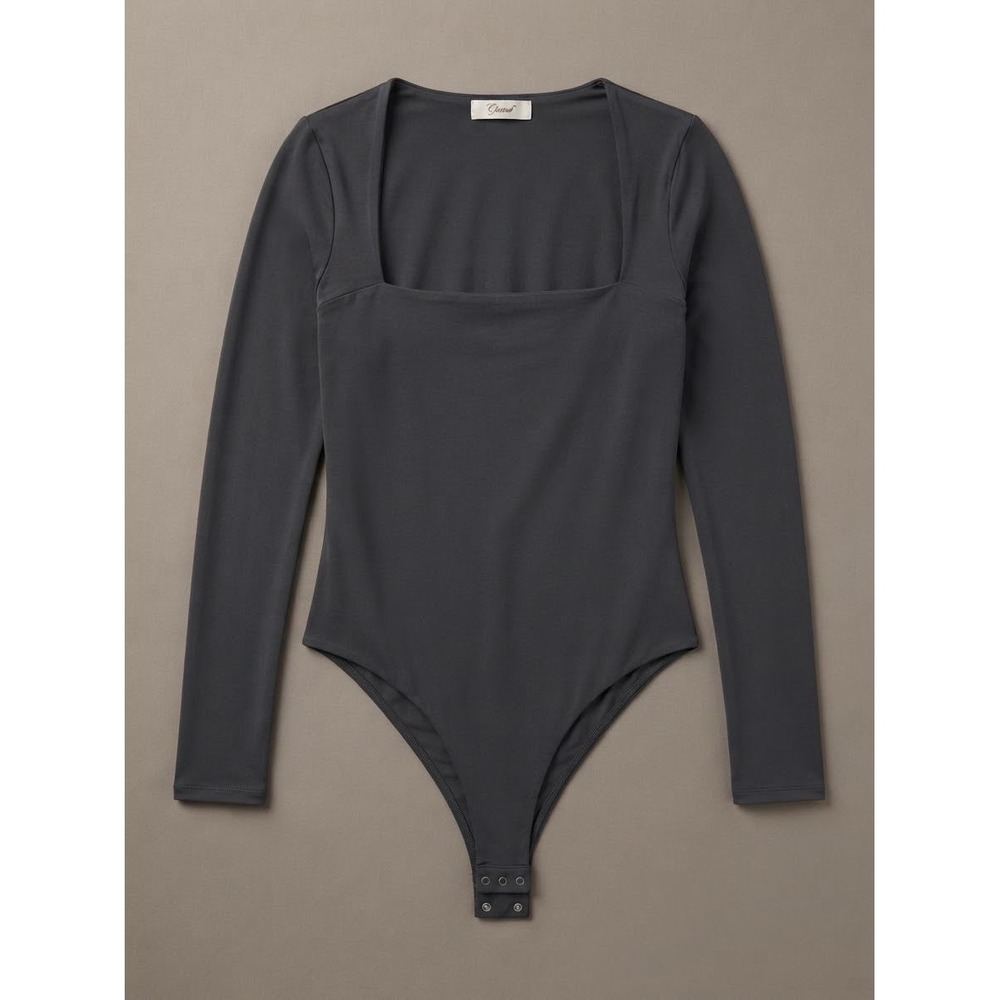 Qinsen Womens Square Neck Long Sleeve Bodysuit Black XL Stretch Snap Capsule